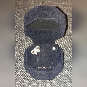 Elegant Diamond Bow and Diamond Stud Sterling Silver Earrings